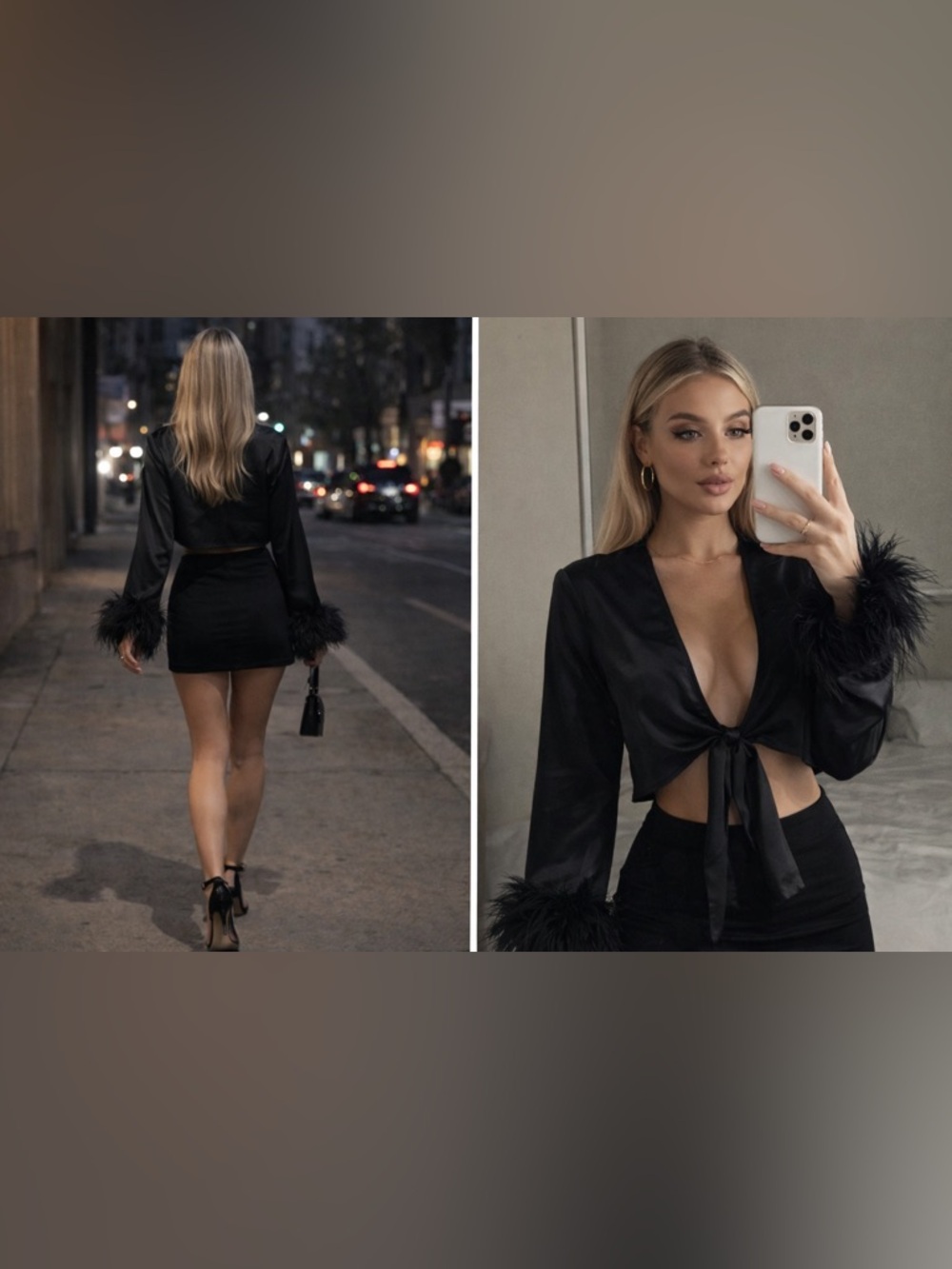 Black Satin Feather Cuff Tie Front Crop Top Y2K Glam Night Out Small